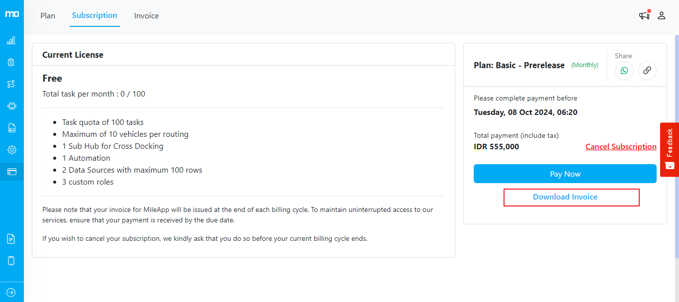 Download invoice from Subscription page