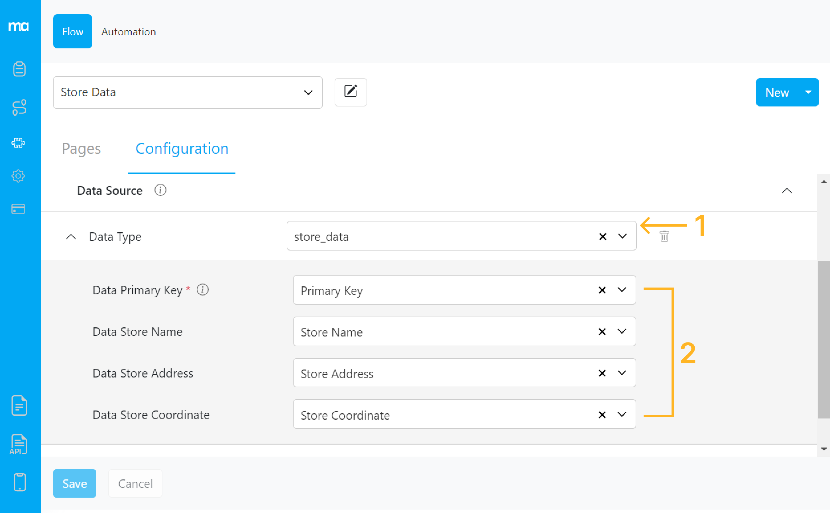Flow configuration for data source