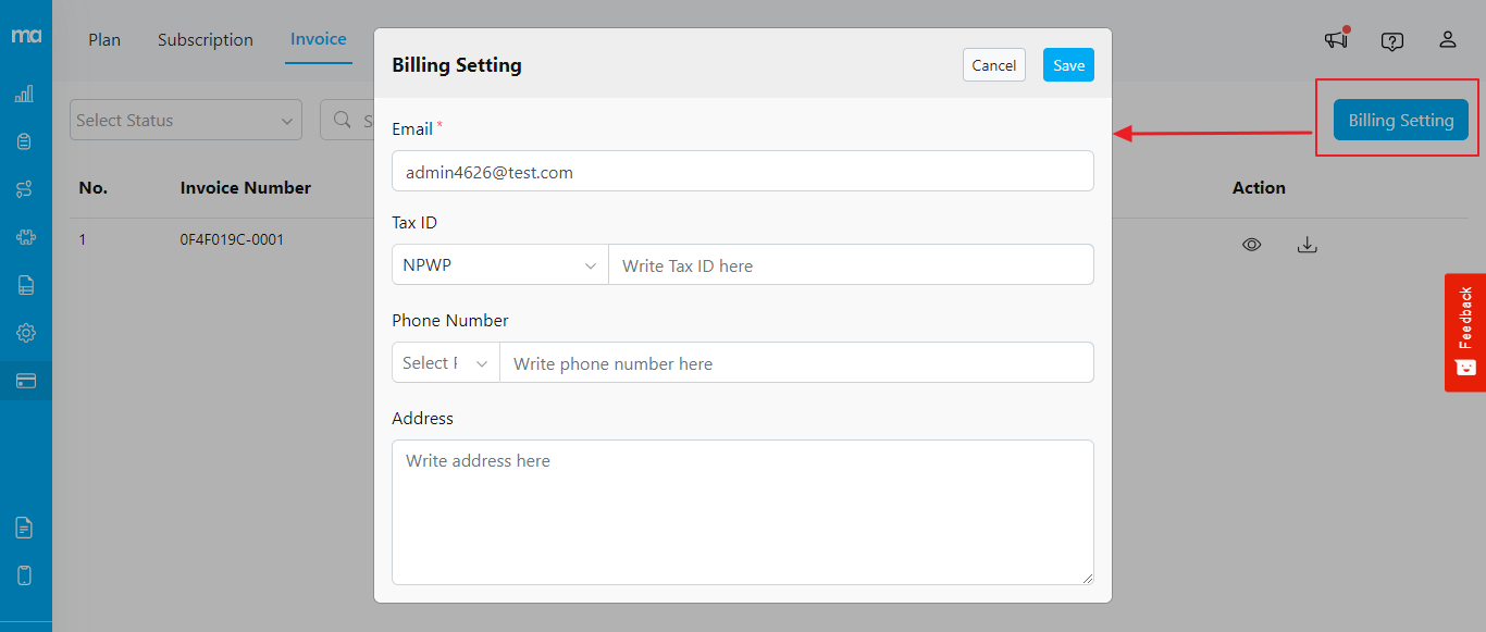 Billing Setting dialog
