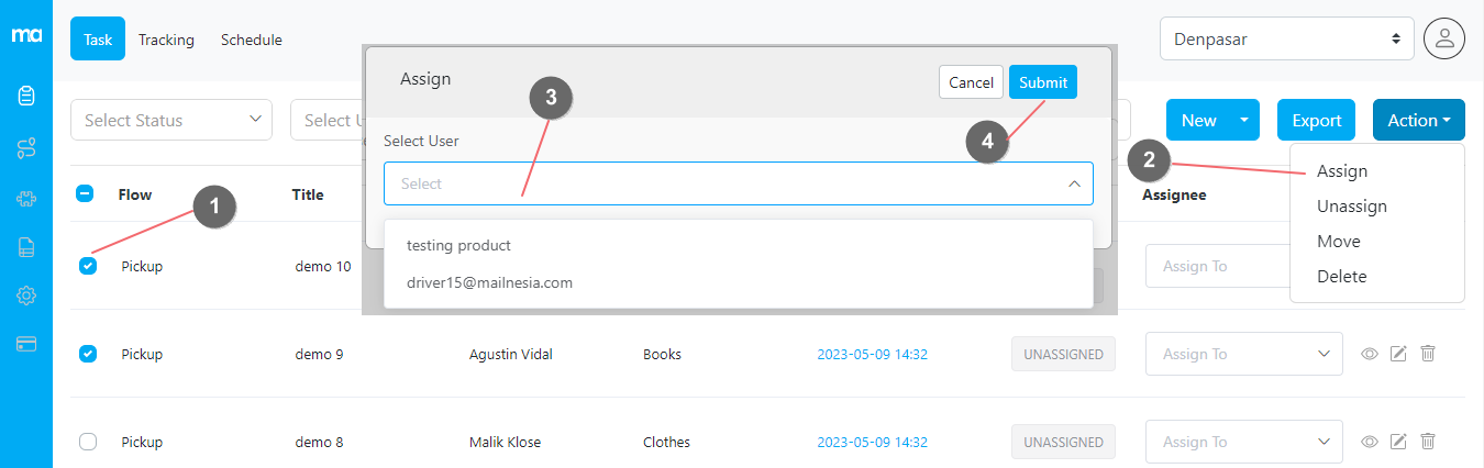 Assigning multiple tasks using the Action Assign feature
