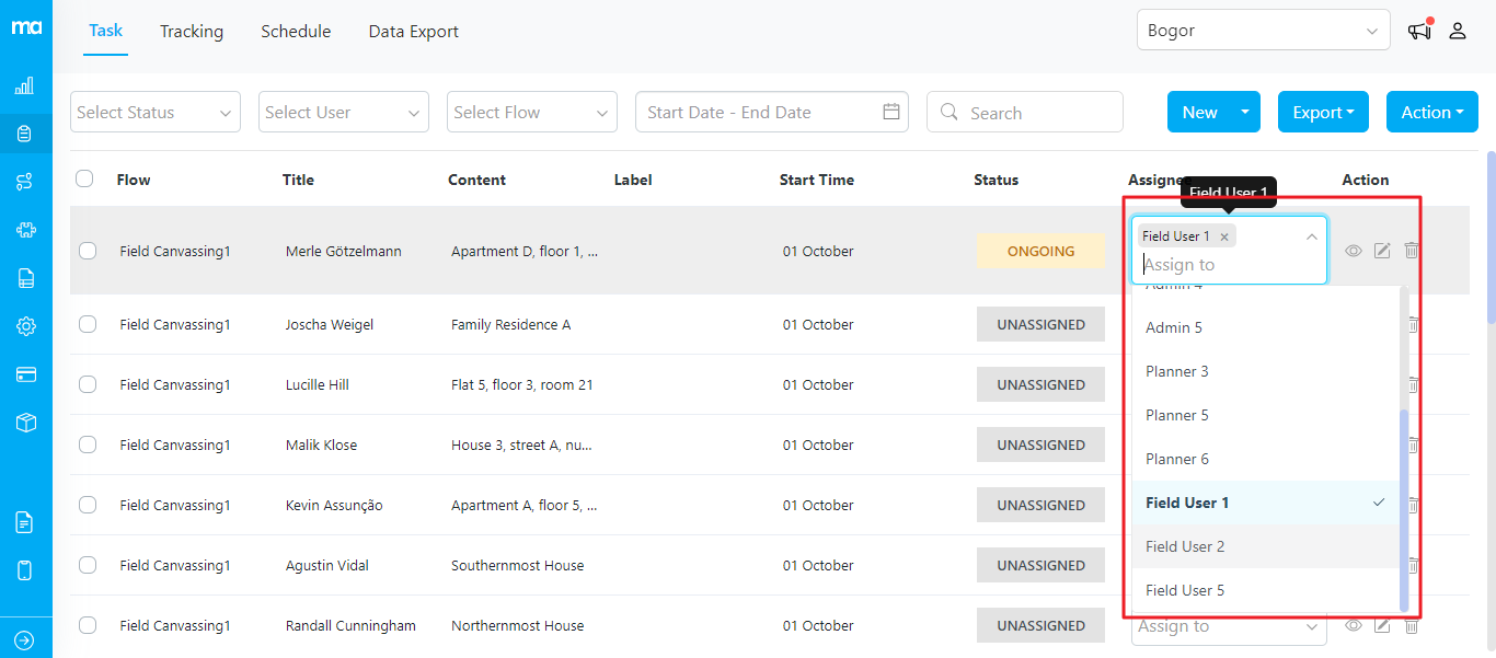 Assigning tasks individually from the Task menu