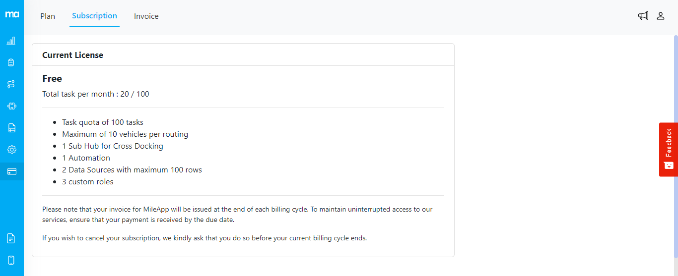 Billing Subscription Menu