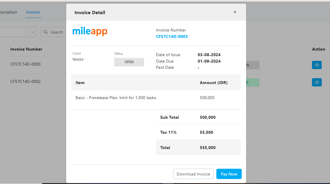 Example of Open Invoice in Billing Invoice Menu