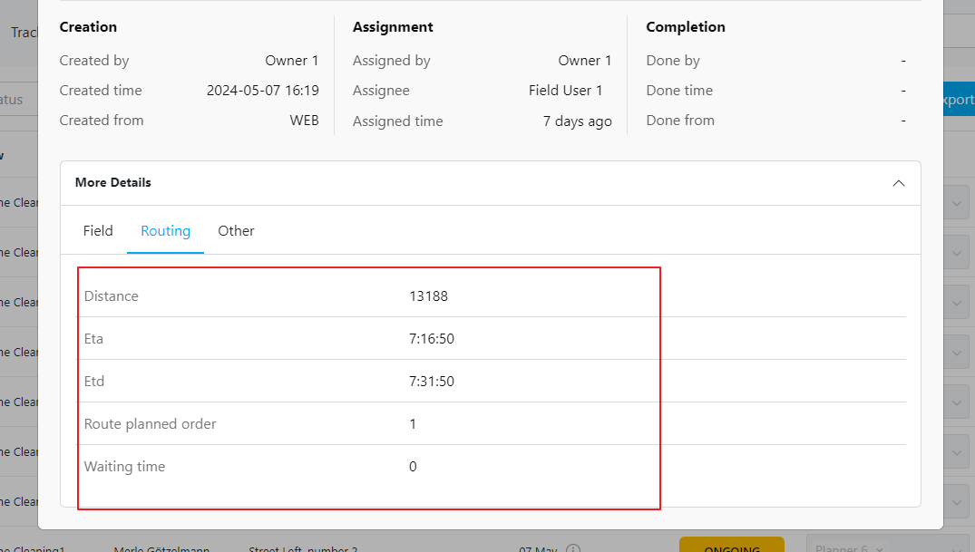 Task page with dispatch details
