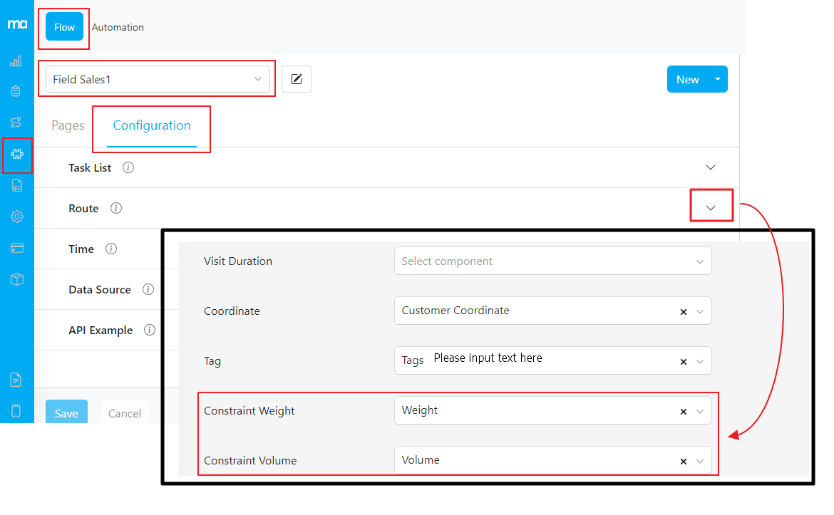 Route Configuration in Flow menu