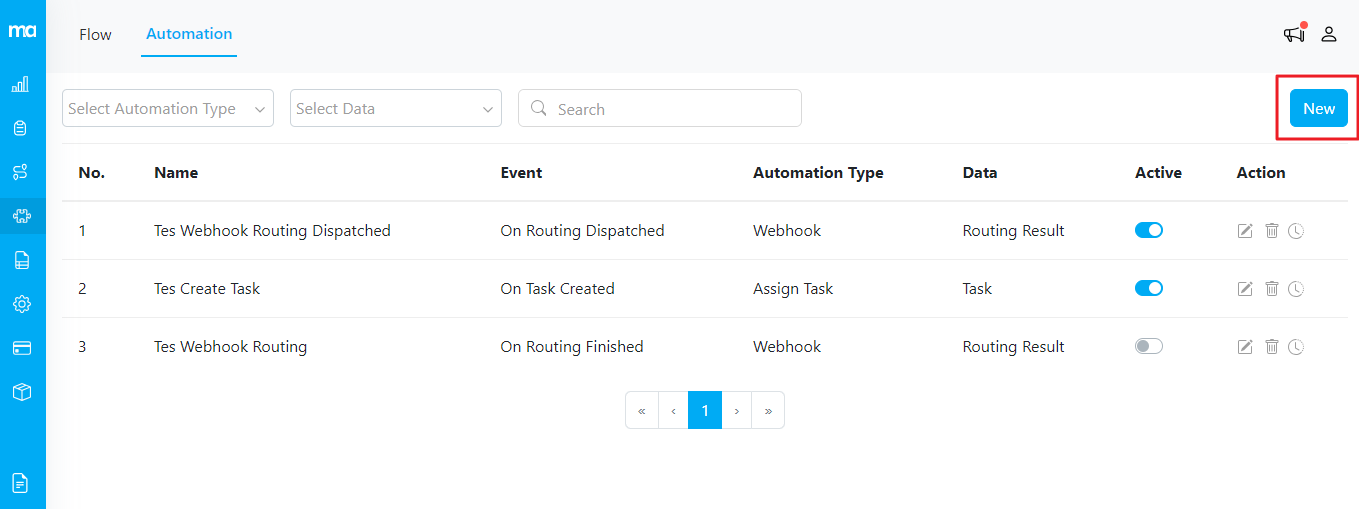New Button on Automation Page