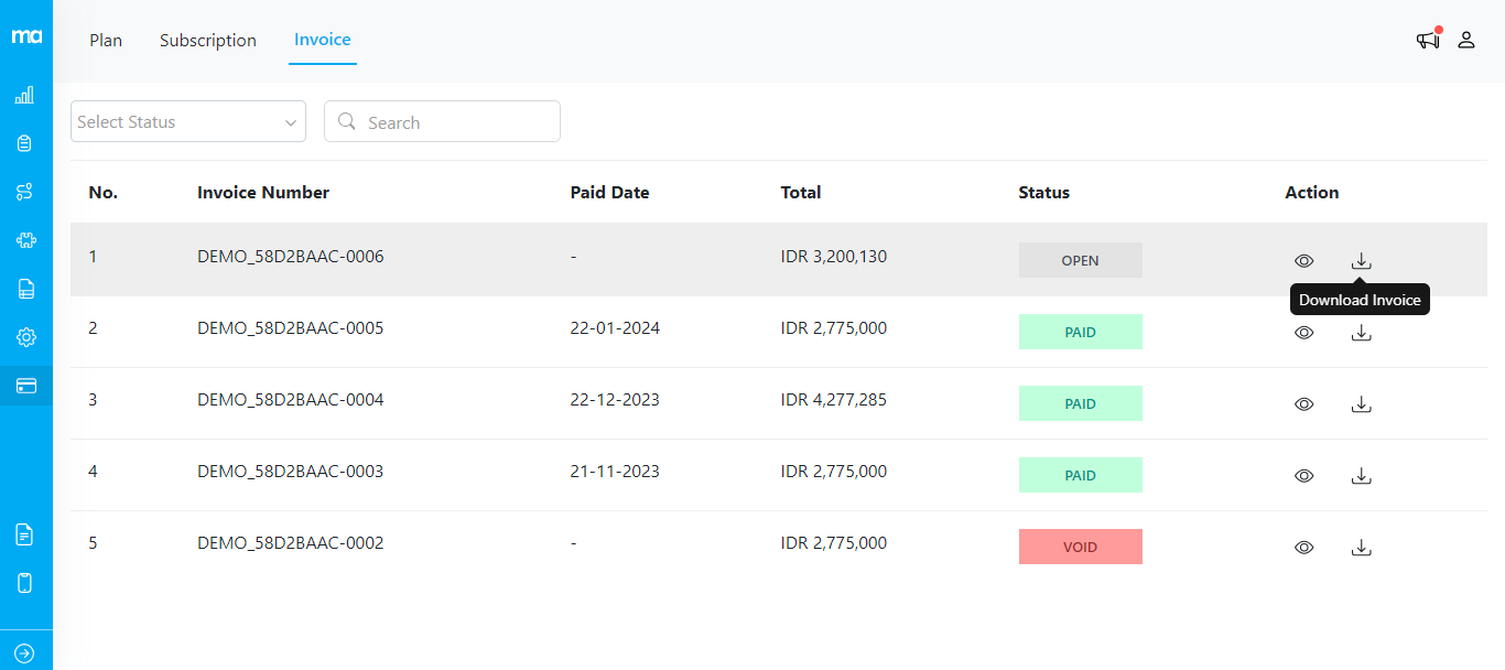 Download invoice from Invoice page